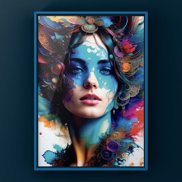 Wall Art print of modern girl portrait with abstract print in different colors - Picture 3 of 4